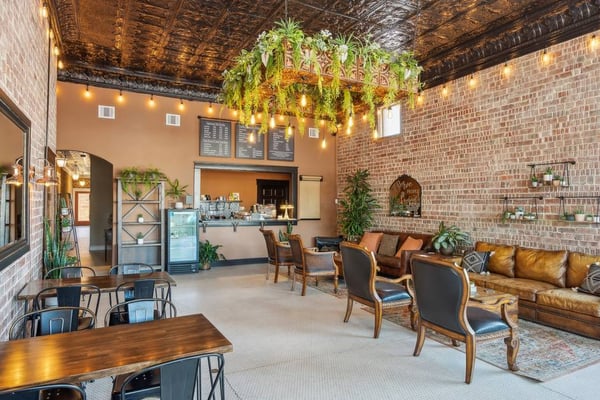 4:18 Coffee Company interior with tin ceiling and Edison bulbs
